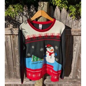 Holiday Time Ugly Christmas Sweater Snowman Tree Sled‎ Multicolor XL Grandma